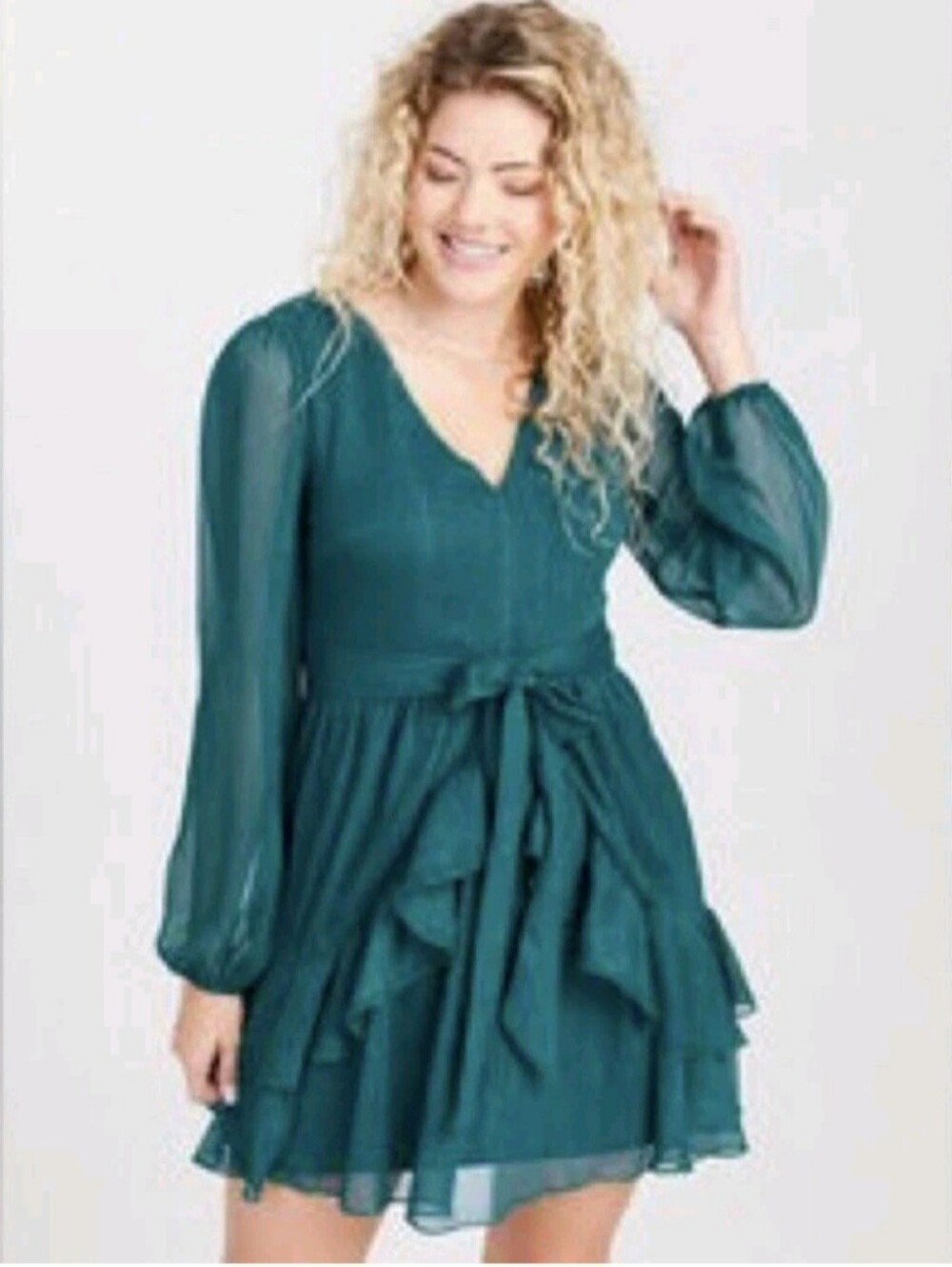 Altar'd State Keelie Ruffle V Neck Mini Dress Flowy Long Sleeve Teal Green Large